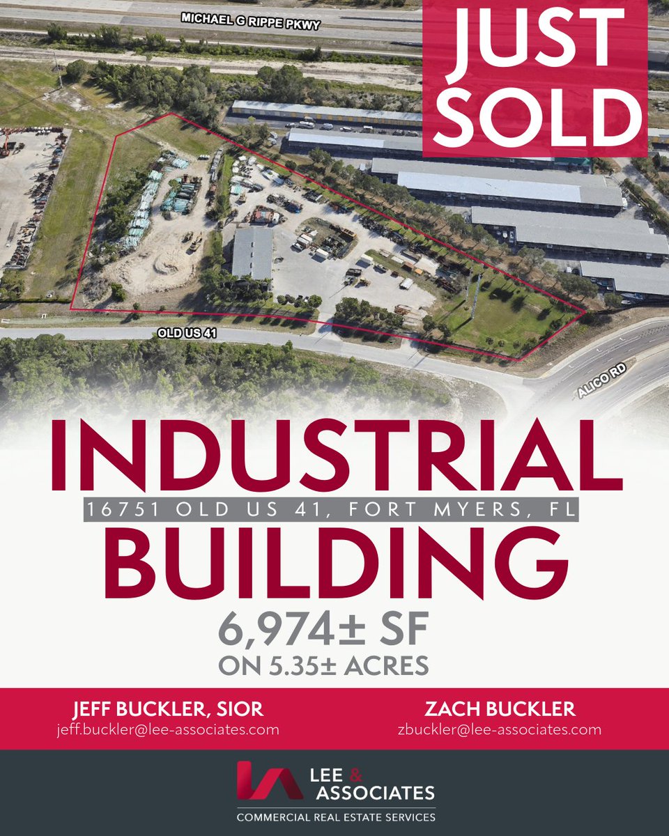 JUST SOLD! 6,974± SF industrial building on 5.35± acres, featuring a covered canopy, mezzanine, 7 overhead doors &amp; fenced yard. Jeff Buckler, SIOR, and Zach Buckler handled the transaction.  

#JustSold #FortMyers #Industrial #CommercialRealEstate #CRE #LeeAssociates #SWFL