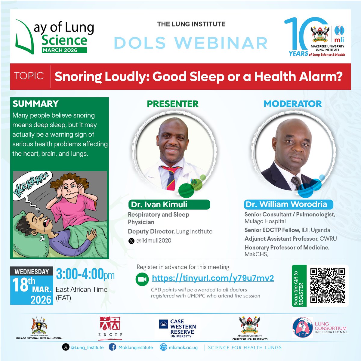 Lung_Institute's tweet photo. Thank you to everyone who joined us this evening for the webinar on snoring and other sleep disorders in commemoration of #WorldSleepDay with Dr Ivan Kimuli @ikimuli2020  and Prof William Worodria. We appreciate your engagement and insightful questions.

If you missed any part of the session or would like to revisit the discussion, kindly find the link below: 👇
Is Snoring Dangerous? Expert Talk on Sleep Apnea & Sleep Health by Dr. I... https://t.co/oApQy1qP4H via @YouTube 

@SabrinaKitaka @LydiaNakiyingi @TheUMAofficial @UgandaPhysician @MakerereCHS 
#SleepHealth #LungInstituteUG #MLIat10