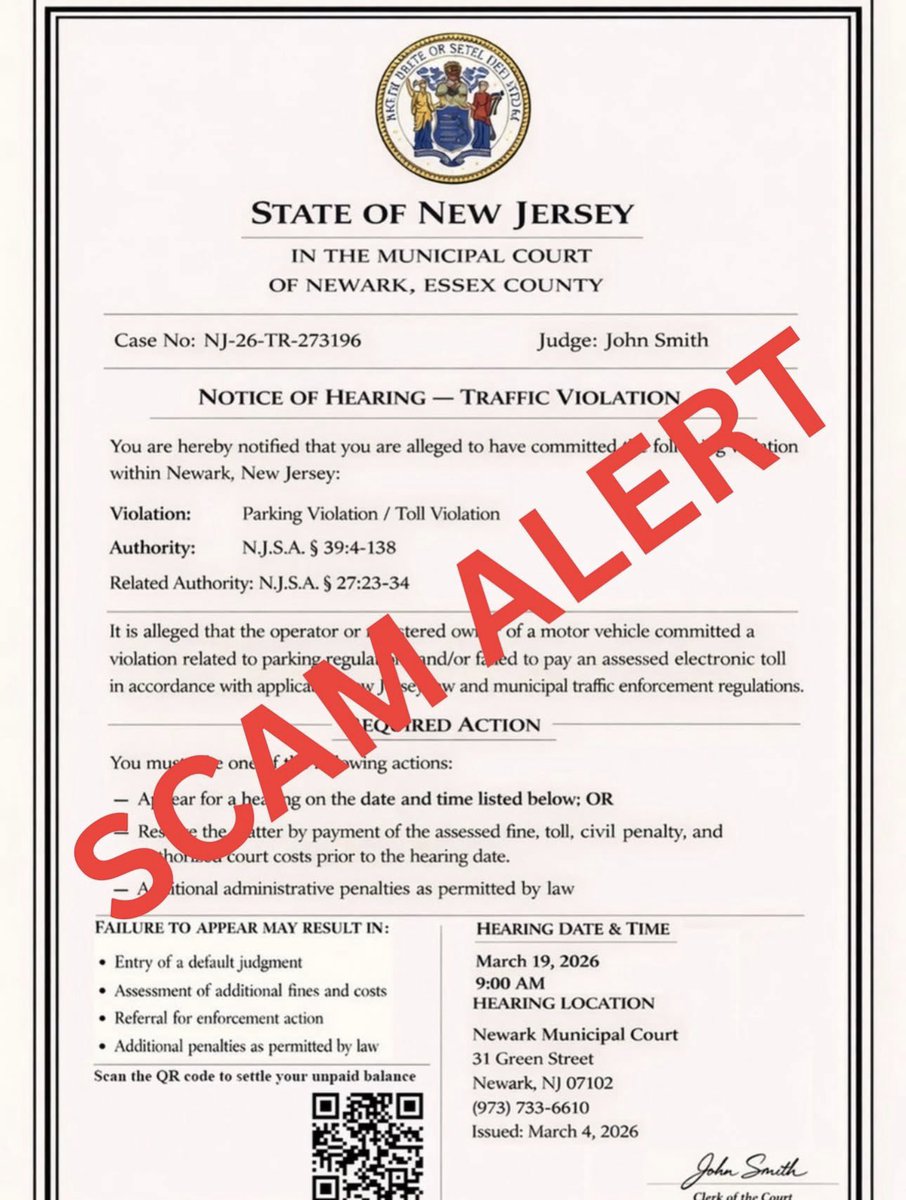 Scam Alert: Be aware of the following communication that is being sent out which does not represent the State of New Jersey, Essex County or the Courts. Do not scan the QR code or submit any information. This is a scam. #Cresskill #Cresskillnj #scam