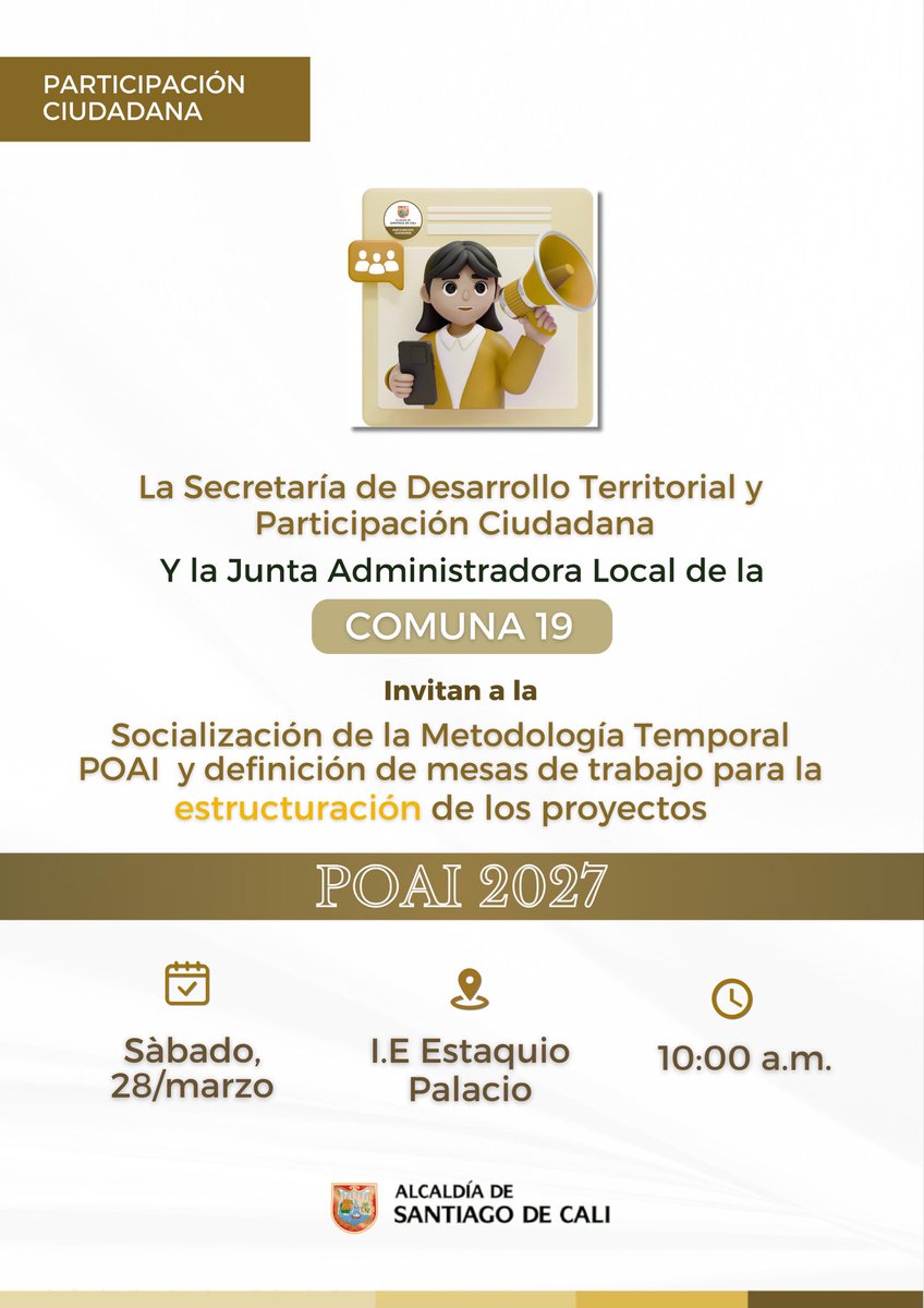 #Comuna19  
Prográmate y participa, son más de $3.000” en proyectos para el territorio. 
En las mesas de trabajo se construirá milimetricamente cada proyecto, tu Participacion garantiza la transparencia . 
Sábado 28 de marzo 10:00am 
En la Institución Educativa Eustaquio Palacios