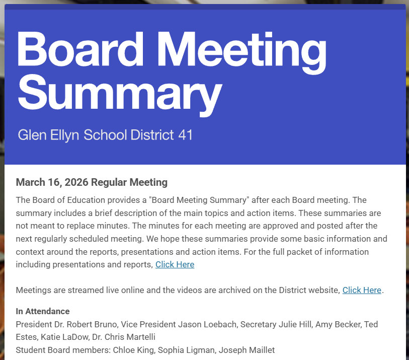 Read the Board Meeting Summary for March 16, 2026:  app.smore.com/n/m0ubkd