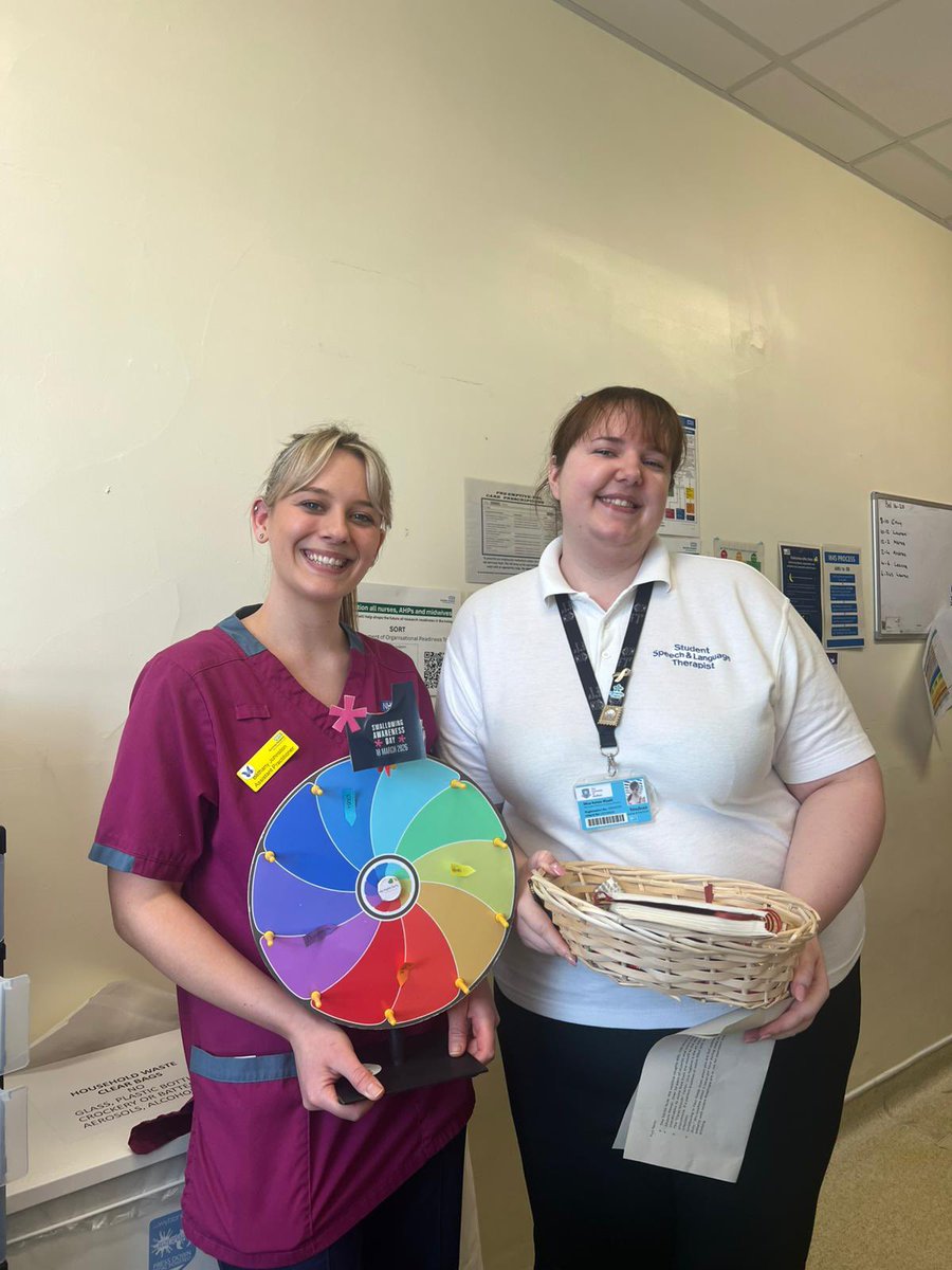 BHNFT_SLT's tweet photo. Swallowing Awareness Day 2026!
 
Keep an eye out at Barnsley Hospital, our SLT AP Beth and our SLT Student Kelsie are raising awareness with a spin the wheel and sweets! Spin the wheel if you dare! https://t.co/UyEX6QkxhV