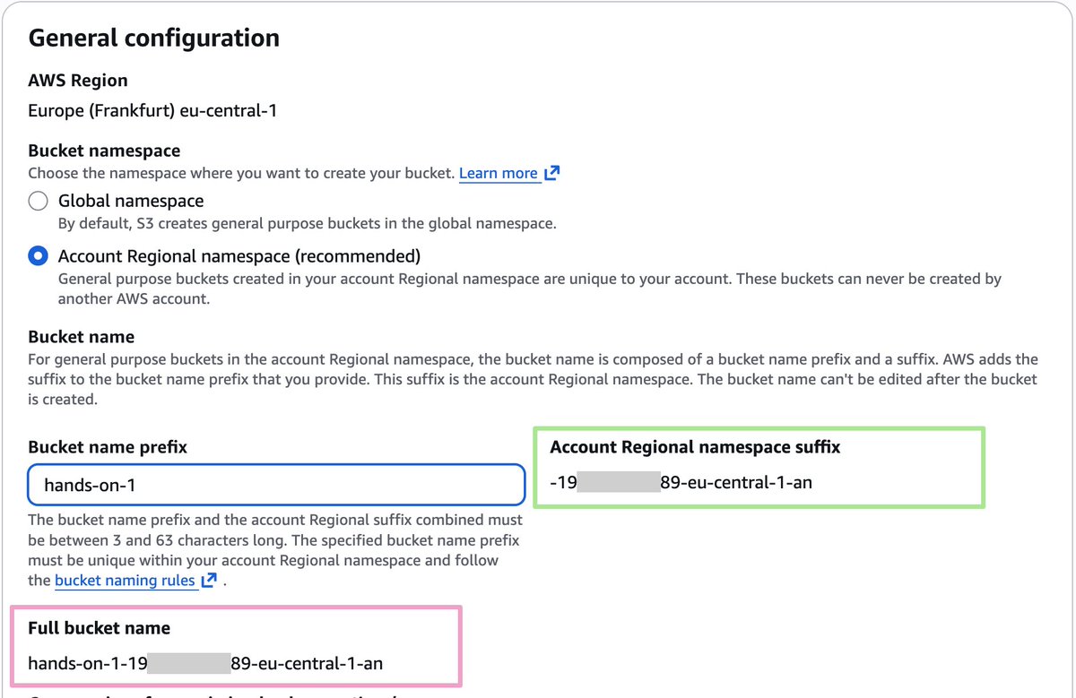 emrey_shikisoft's tweet photo. You no longer have to find a globally unique name for your bucket. AWS automatically makes it unique for you. 👏 But how?

AWS introduced namespaces to bucket names:

🌍 The Global namespace is the old S3 bucket naming without suffixes.

However, if you choose the Account Regional namespace, AWS automatically appends your AWS account ID and region code to your bucket name.

Suppose you create a bucket named 'hands-on-1' in your AWS account in the Europe-Frankfurt region (eu-central-1).

If you choose the Account Regional namespace, your bucket name becomes:
hands-on-1-<YOUR_AWS_ACCOUNT_ID>-eu-central-1-an
(Replace the <YOUR_AWS_ACCOUNT_ID> placeholder with your account ID.)
👉 The first screenshot below

🤔 But what if another AWS account tries to create the same bucket in the Global namespace before you do?

No, they can't. All bucket names that end with your Account Regional namespace are reserved for your AWS account.
⛔ They receive an error as soon as they try to create the bucket.
👉 The second screenshot below

So, your S3 bucket names are still globally unique. However, AWS made it easier by introducing namespaces.

#AWS #AmazonS3 #CloudComputing