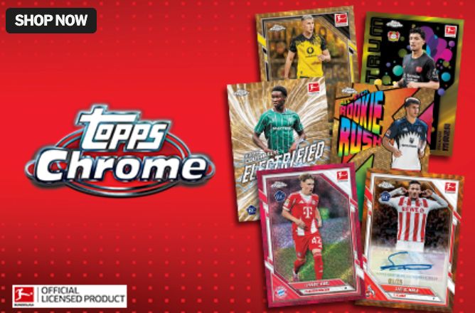 cardsundercost's tweet photo. Topps Chrome® Bundesliga 2025/26 collection now available -> https://t.co/5MH4pFn3v6 https://t.co/dUnKXC7KEt