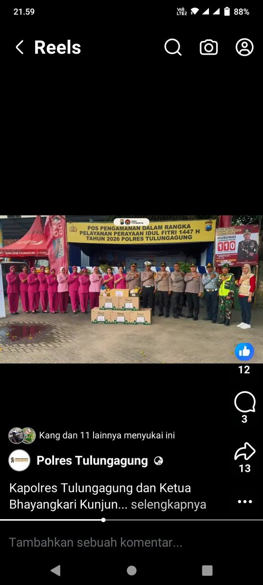 SabarSaja15's tweet photo. Kapolres Tulungagung bersama Ketua Bhayangkari Cabang Tulungagung melaksanakan kunjungan ke sejumlah Pos Pengamanan (Pospam) dan Pos Pelayanan (Posyan) dalam rangka Operasi Ketupat Semeru 2026 di wilayah Kabupaten Tulungagung. https://t.co/JrcX0WZKpm