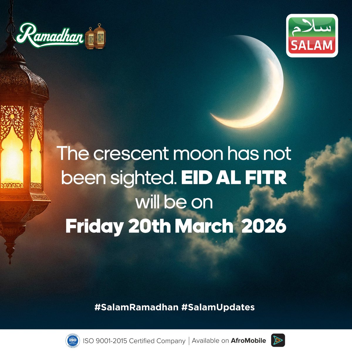 BREAKING NEWS:

The Crescent moon has not been sighted, and Eid Al Fitr will be on Friday, 20th March 2026. 

Eid Mubarak!

#SalamRamadhan #SalamUpdates