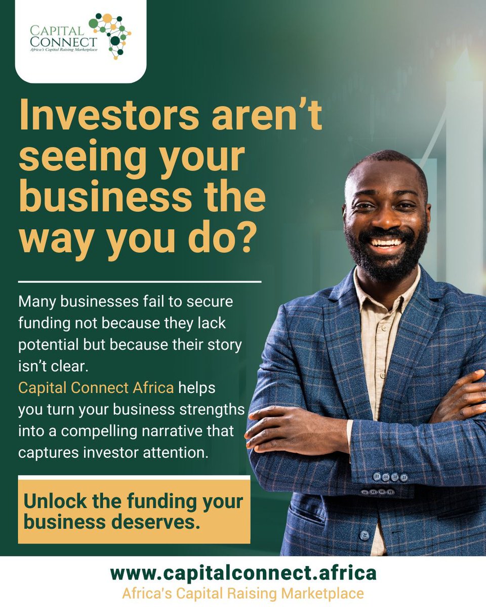 Not getting the funding you expected? It might not be your business, it might be how your story is told.

Capital Connect Africa helps you turn your business strengths into a clear, compelling narrative that captures investor attention and positions you for success.

It’s time to