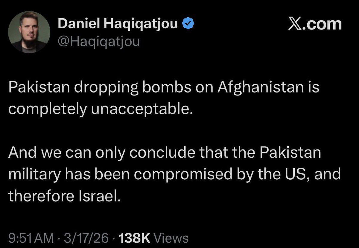 🚨 Pakistan drops a bomb on a hospital in Kabul, probably killing around 400 people, mostly civilians.

But guess who the Islamo-fascists blame for it… yep, Israel.

🤡 world