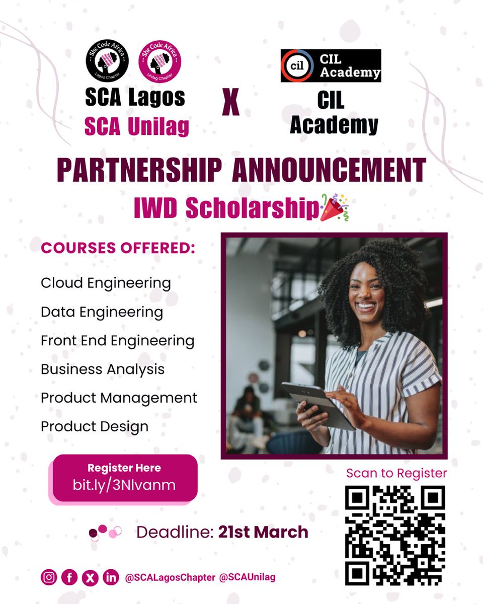 ScaUnilag's tweet image. SCA UNILAG and SCA Lagos, in collaboration with CIL Academy, present an International Women’s Day Course Scholarship 

This is a great chance to learn new skills, improve your tech knowledge, and grow your career.

Register: forms.gle/8WyJWULfypeA7K…

#sca #scaunilag #scalagos #IWD