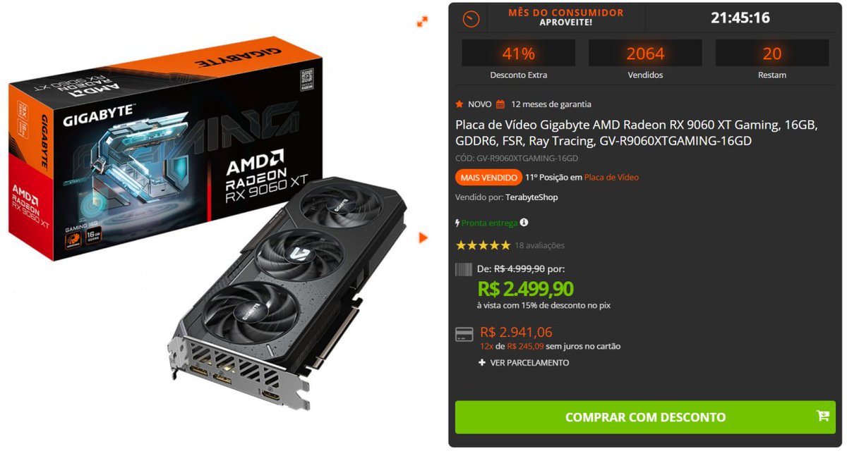 LinksBrazil's tweet image. 16GB

 Placa de Vídeo Gigabyte AMD Radeon RX 9060 XT Gaming, 16GB - R$2499

terabyteshop.com.br/produto/36448/…

anúncio