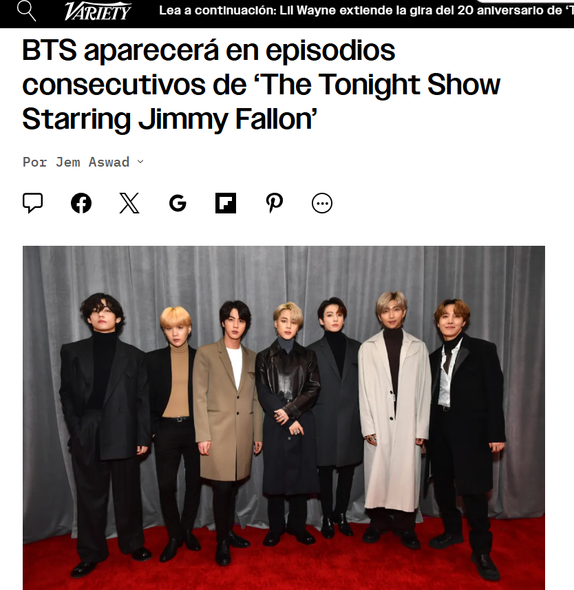 ddaeng_team's tweet image. 🗞️|Artículo

BTS —RM, Jin, Suga, J‑hope, Jimin, V y Jung Kook — harán su primera aparición nocturna desde 2021 con episodios consecutivos en “The Tonight Show Starring Jimmy Fallon”.

El grupo se sentará para una entrevista en el estudio e interpretará dos canciones – la