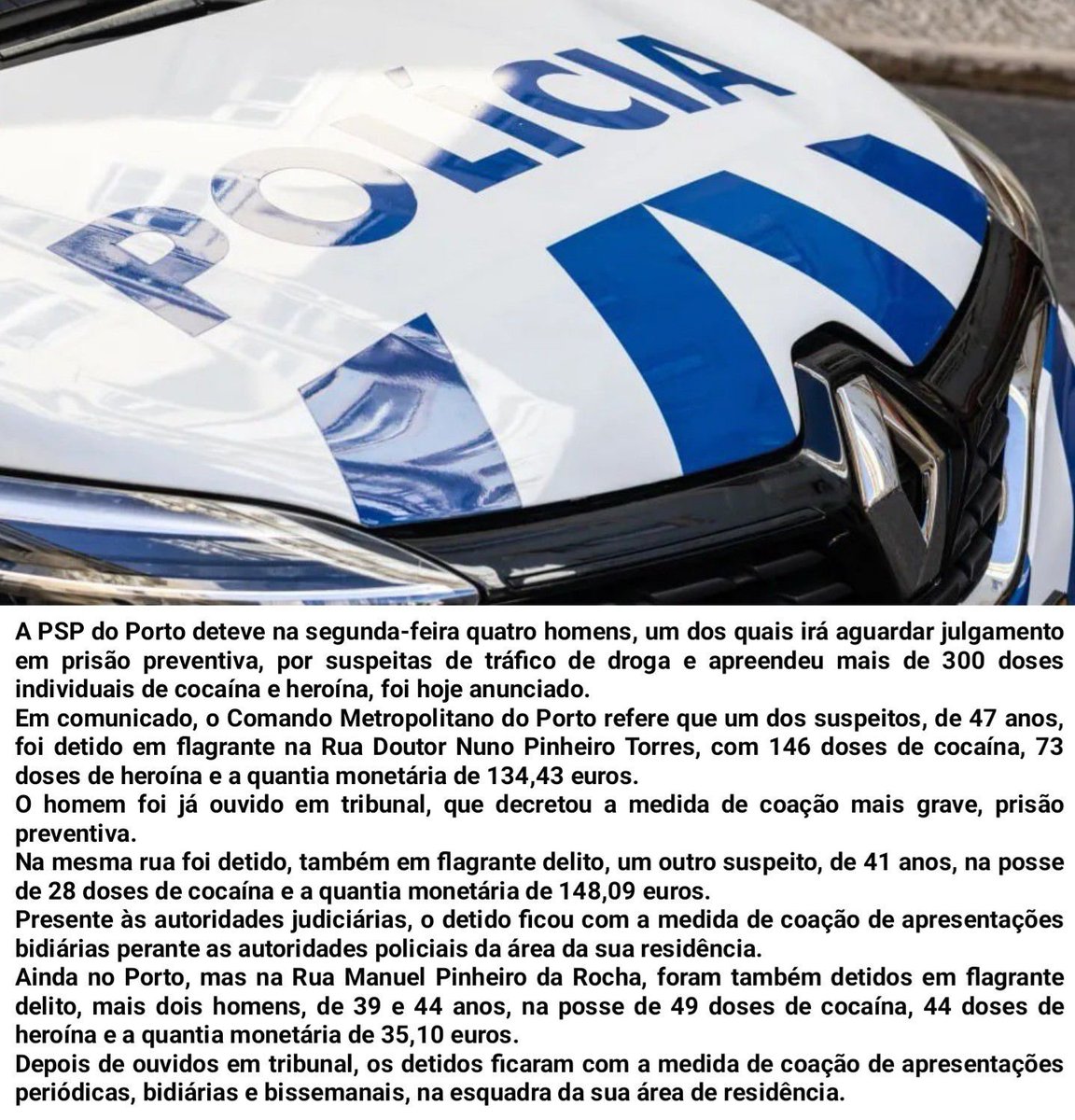 PSP do Porto deteve quatro suspeitos de tráfico de droga
