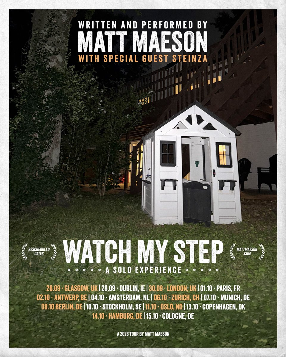 MattMaeson's tweet photo. EUROPE/UK - my hand is officially out of the cast and all the rescheduled dates are locked in and listed below! I’ve also had time to flesh out this next solo arc a bit more hence the new name and looks. Very excited to play this set with a non fractured hand this time. https://t.co/sgrPhLA6ms