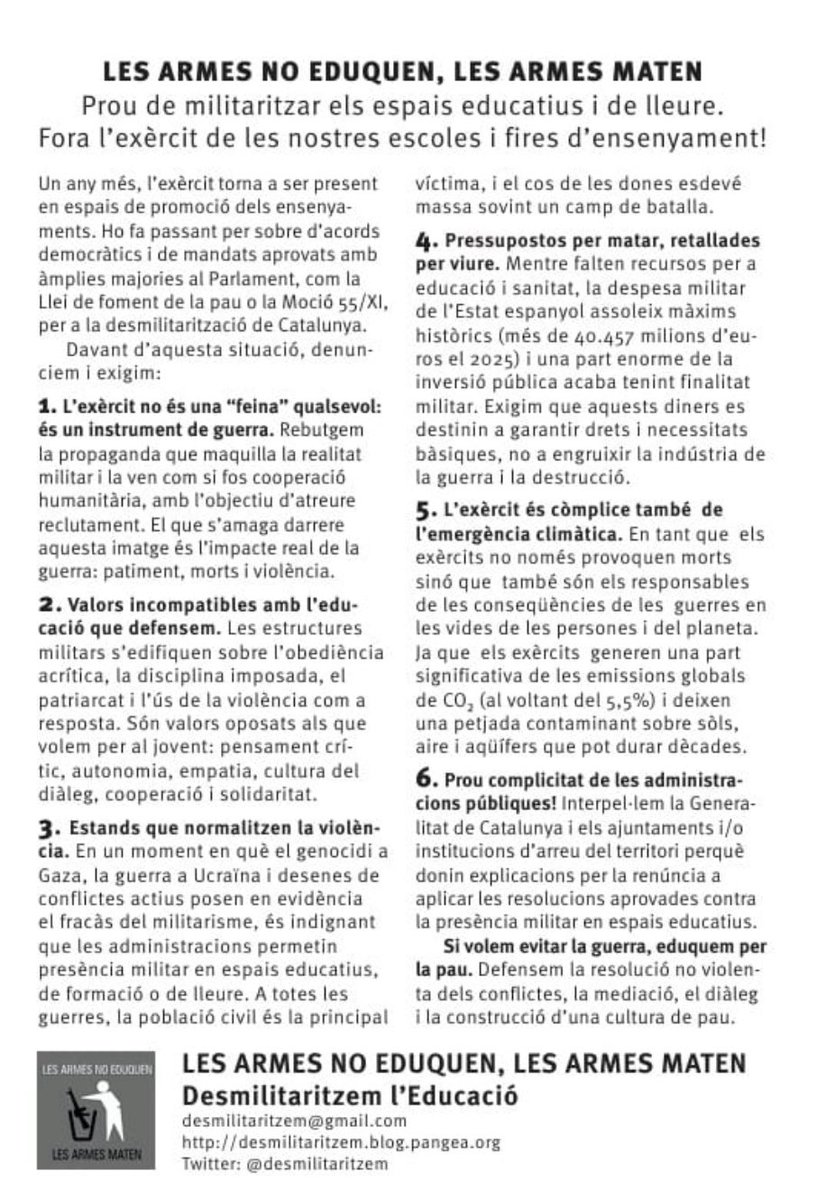 La plataforma Desmilitartizem l’educació denunciem la presència de les forces militars al Salo d’Ensenyament!
Les armes no eduquen, les armes maten!