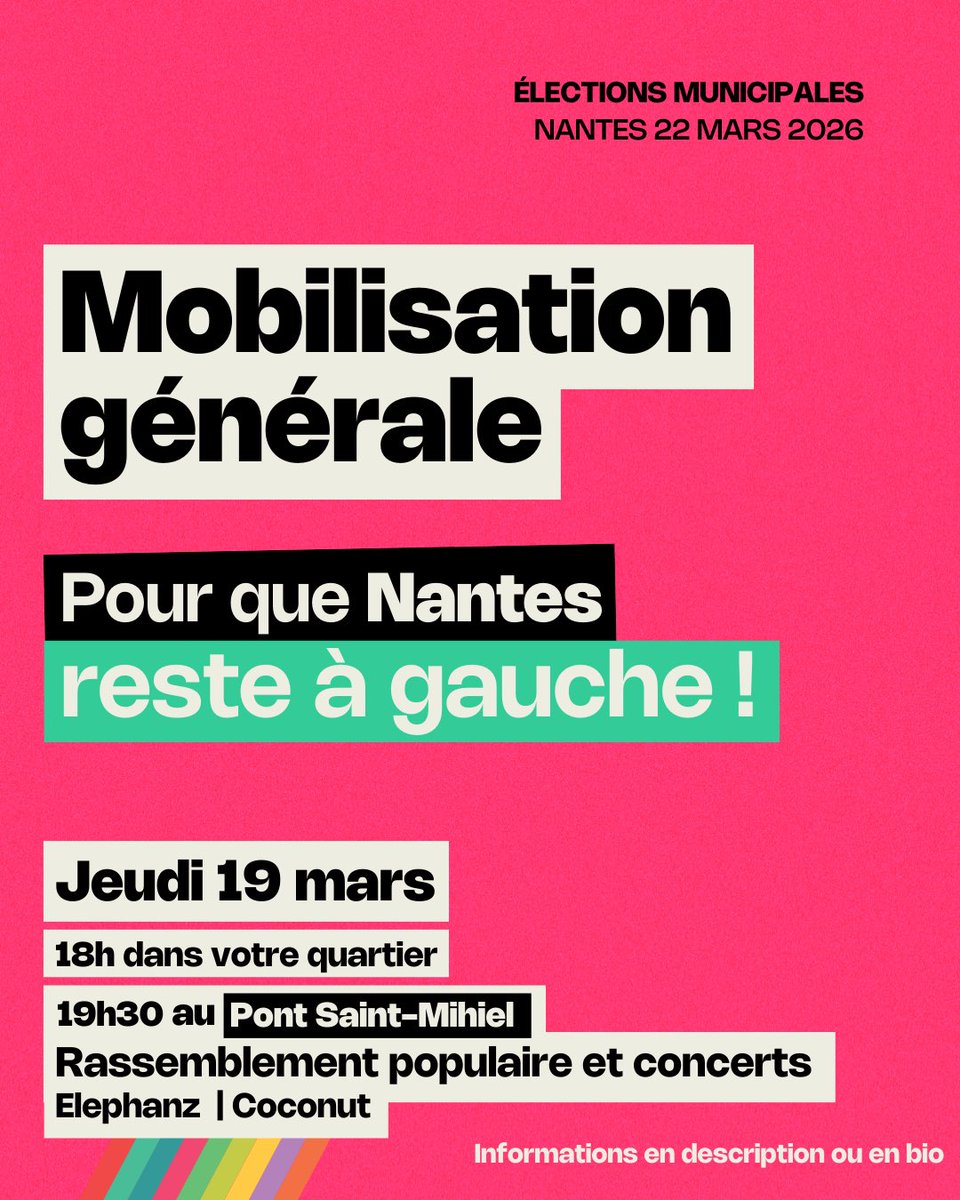 MOBILISATION GÉNÉRALE !

À 3 jours du second tour, chaque voix comptera. La mobilisation continue!

🕕18h: grande mobilisation dans tous les quartiers
🎶19h30: rdv au Pont St-Mihiel pour un rassemblement festif avec les concerts de Coconut (chanson folk) et Elephanz (electro pop)