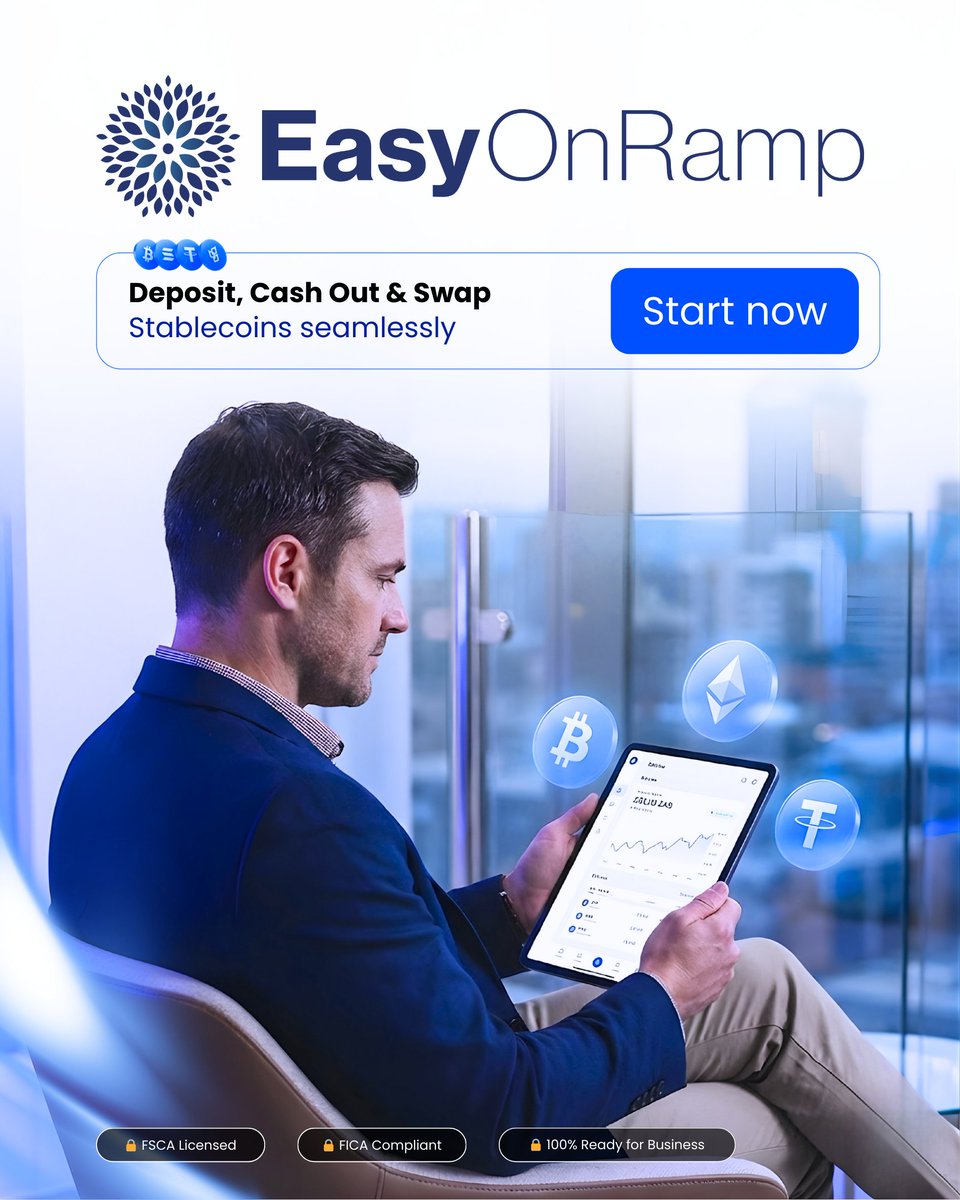 EasyOnRamp_'s tweet photo. Deposit, Cash Out & Swap Stablecoins seamlessly.

Simple. Secure. Fully regulated. 

✅ FSCA Licensed
✅ FICA Compliant
✅ 100% Ready for Business

The easiest way to move between ZAR and crypto – whether you're just starting or scaling up. 

Start now 👇👇
https://t.co/OInwgS8h9D

Compound Group (Pty) Ltd t/a https://t.co/HzgV49wqNw is an authorised financial services provider, FSP No 53762. Crypto assets are high-risk investments; capital may be lost.