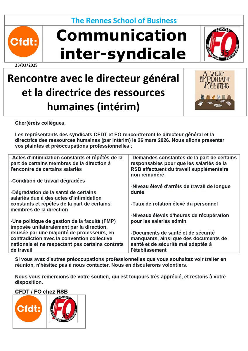 CfdtSb's tweet photo. Communication @CFDTSB @rennessb 23/03/2026

Rencontre avec le directeur général et la directrice des ressources humaines (intérim)

#rennessb #syndicat @cfdtrennes @cfdt

@cfdtbretagne @FepCFDT https://t.co/HEhj32ypvA