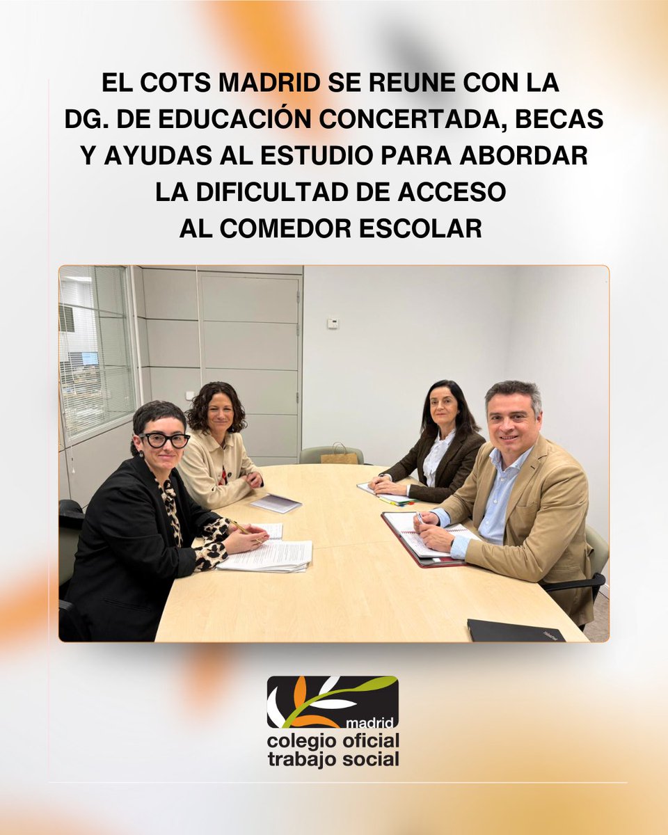 ColegioTSMadrid's tweet photo. Esta mañana hemos mantenido reunión en la DG de educación concertada, becas y ayudas al estudio de la @educacmadrid para poner en común nuestra preocupación sobre la dificultad de acceso a comedor escolar por causas económicas de muchas familias usuarias de servicios sociales. 

📈Seguimos defendiendo un comedor universal y gratuito, pero agradecemos la atención e información facilitada por el Director General y su equipo✅

#TrabajoSocial #Educación #Comedor #Becas