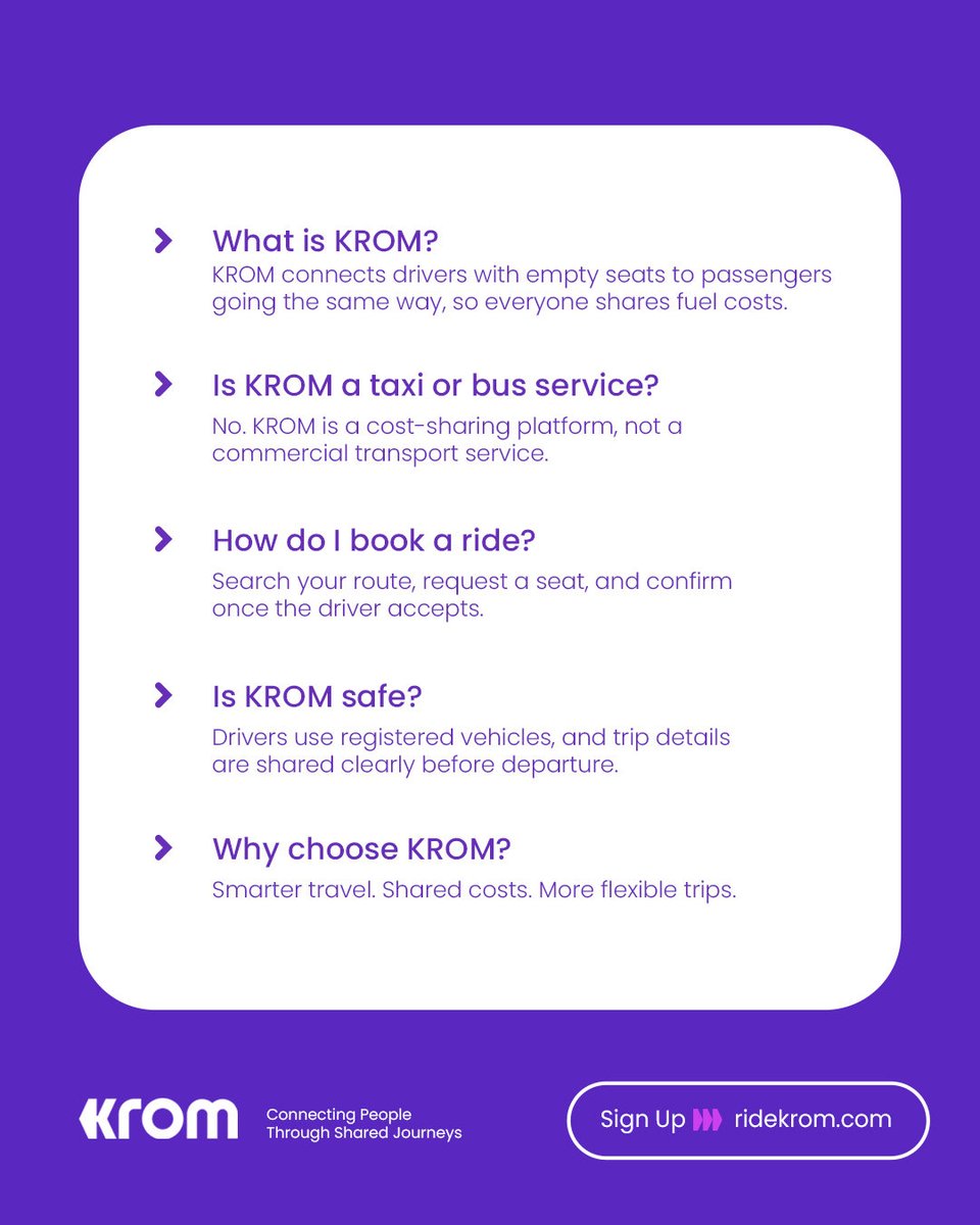 ridekrom's tweet image. Got questions about KROM? We’ve got answers. 🚗💜

KROM makes shared travel simpler, smarter, and more flexible by connecting people already going the same way. From how to book a ride to what makes the platform different, this post breaks it down for you.

#ghana #carpool