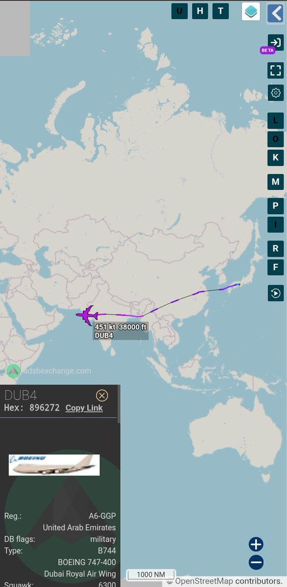 OSINT_MASR's tweet image. #Hex896272 Boeing 747-400 A6-GGP
 [UAE Air Force] 🇦🇪, Returning from Japan 🇯🇵 after a long journey from the United Arab Emirates to China 🇨🇳 on 16 Mar 2026 and from there to Japan 🇯🇵 on 17 Mar 2026.

What are your thoughts on the trip? 
Follow us @OSINT_MASR 
#ADSB #UAE #military