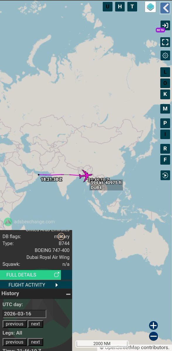 OSINT_MASR's tweet image. #Hex896272 Boeing 747-400 A6-GGP
 [UAE Air Force] 🇦🇪, Returning from Japan 🇯🇵 after a long journey from the United Arab Emirates to China 🇨🇳 on 16 Mar 2026 and from there to Japan 🇯🇵 on 17 Mar 2026.

What are your thoughts on the trip? 
Follow us @OSINT_MASR 
#ADSB #UAE #military