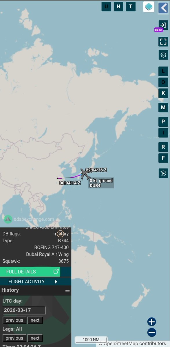 OSINT_MASR's tweet image. #Hex896272 Boeing 747-400 A6-GGP
 [UAE Air Force] 🇦🇪, Returning from Japan 🇯🇵 after a long journey from the United Arab Emirates to China 🇨🇳 on 16 Mar 2026 and from there to Japan 🇯🇵 on 17 Mar 2026.

What are your thoughts on the trip? 
Follow us @OSINT_MASR 
#ADSB #UAE #military