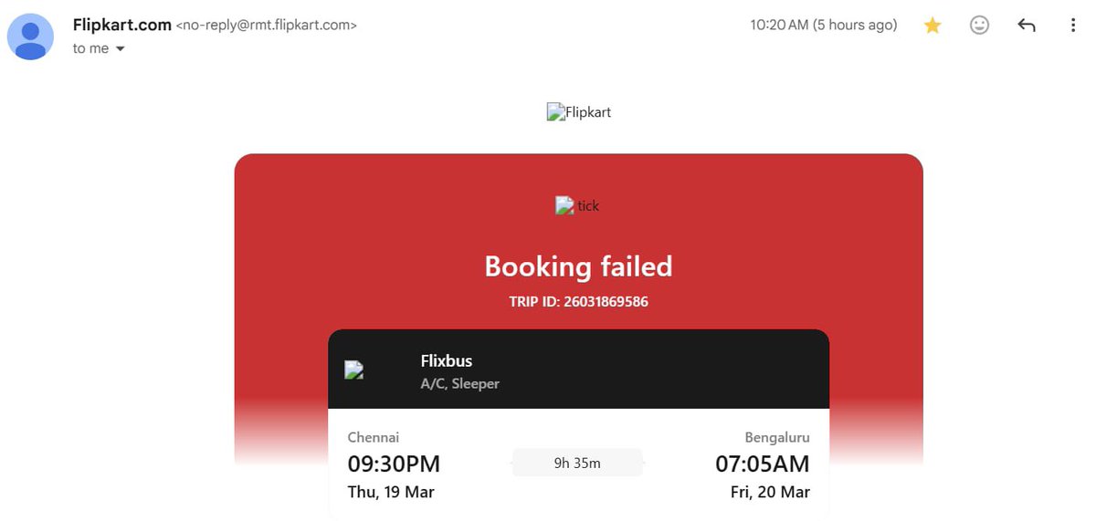 saxisam's tweet photo. @flipkartsupport Booked a bus ticket, got an instant “booking failed” email, so I booked again. Now I’m told both bookings went through. This duplicate happened due to your error—why should I pay cancellation charges? Please refund Rs. 429. https://t.co/VLzT0asomC