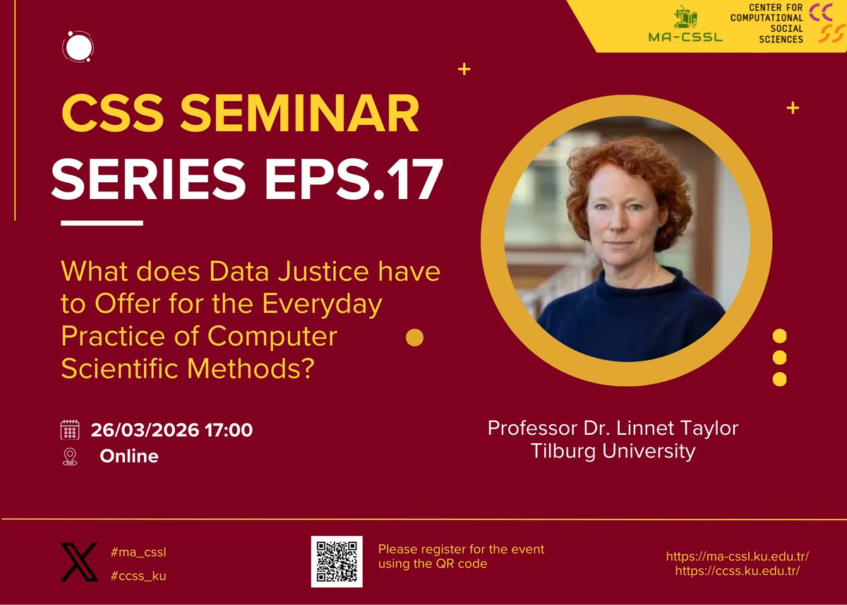 ccss_ku's tweet photo. 💡What does data justice offer to everyday computer scientific practice?

Join CSS Seminar Series EPS.17 with Prof. Linnet Taylor (Tilburg University).

📅Mar 26, 2026 | 17:00 (Istanbul)
📍Register: https://t.co/eyVOl4hNmR

#CSSSeminarSeries #DataJustice https://t.co/iD932Yg5FN