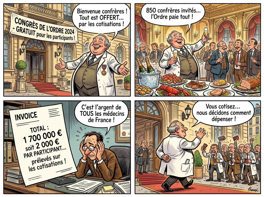 Le congrès de novembre 2024 a coûté 1 700 000 € financés par l'Ordre lui-même, c'est-à-dire sur les cotisations obligatoires des 341 000 médecins de France 
-> soit un coût de plus de 2 000 € par participant à la charge de l'ensemble de la profession.