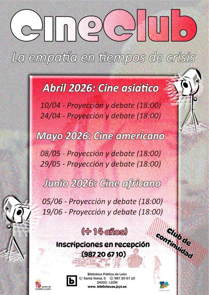 📽️Nuevo club de cinefórum 
🗓️Viernes alternos (abril, mayo, junio) 
⏰18 h.
✍️Inscripciones en recepción (987 20 67 10)