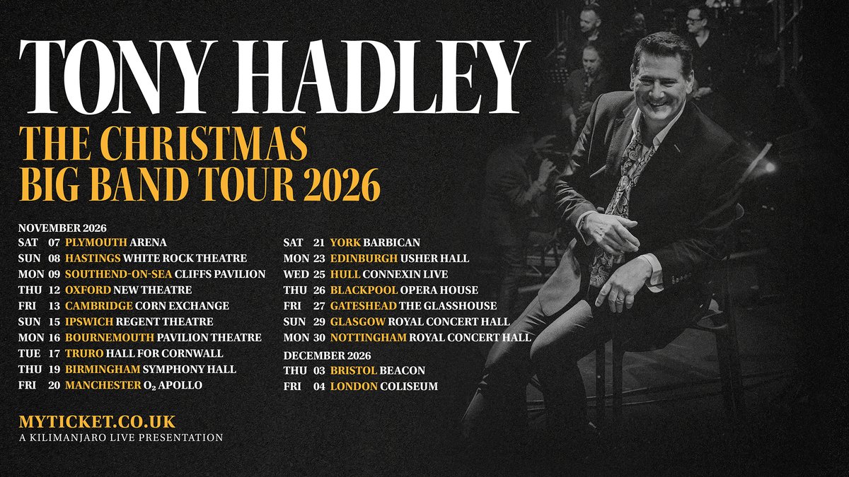 TheTonyHadley's tweet image. Pre-sale tickets for Tony's Christmas Big Band Tour 2026 are on sale now. Get yours here: tonyhadley.lnk.to/XmasTourPresale  

Please note: Tickets for Truro will be available for pre-sale 23rd March, and London will be available 26th March.