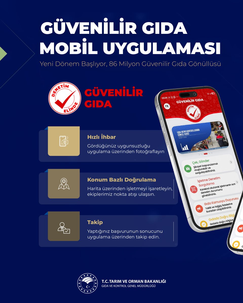 GidaveKontrolGM's tweet photo. 🚨 Denetimde yeni dönem: Artık sen de denetimdesin
Güvenilir Gıda Mobil Uygulaması ile vatandaşlarımız artık gıda denetim süreçlerinin aktif bir parçası.
📲 Bu uygulama ile;
✔️ Gıda güvenilirliği hakkında doğru ve güncel bilgilere ulaşabilir
✔️ Kamuoyu duyurularını takip edebilir
✔️ Taklit ve tağşiş yapılan ürünlere anında erişebilirsiniz
📢 Şikâyet ve ihbar artık anında:
✔️ “Çek-Gönder” ile başvuru yapabilir
✔️ Fotoğraf ekleyebilir
✔️ Konum bildirimi yapabilir
✔️ Başvurunuzun durumunu takip edebilirsiniz
🔍 Ayrıca;
✔️ Karekod okutarak işletme bilgilerini sorgulayabilir
✔️ İşletmenin en son denetim tarihini görüntüleyebilirsiniz
🤝 Güvenilir gıda için denetim artık hepimizin sorumluluğu.
📥 İndir:
Google Play: https://t.co/zzupnwfkVa
App Store: https://t.co/CSkxrpXfd5