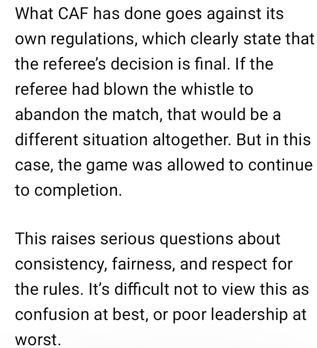 Fryzer4's tweet photo. What @CAF_Online has done goes against its own regulations, which state that the ref’s decision is final. If the ref had blown the whistle to abandon the match, that would be a different situation altogether. But in this case, the game was allowed to continue to completion. https://t.co/fEnr7XUSwT