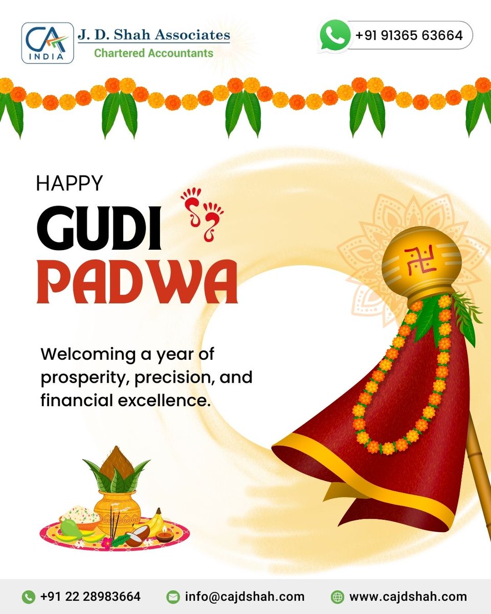 cajdshah_mumbai's tweet image. Embracing the new year with clarity, discipline, and financial excellence this Gudi Padwa! 🌿✨

🌼 Wishing you a year of financial stability, timely compliance, and continued growth this Gudi Padwa! 🌼

#GudiPadwa #JDShahAssociates #CharteredAccountant #BusinessSuccess