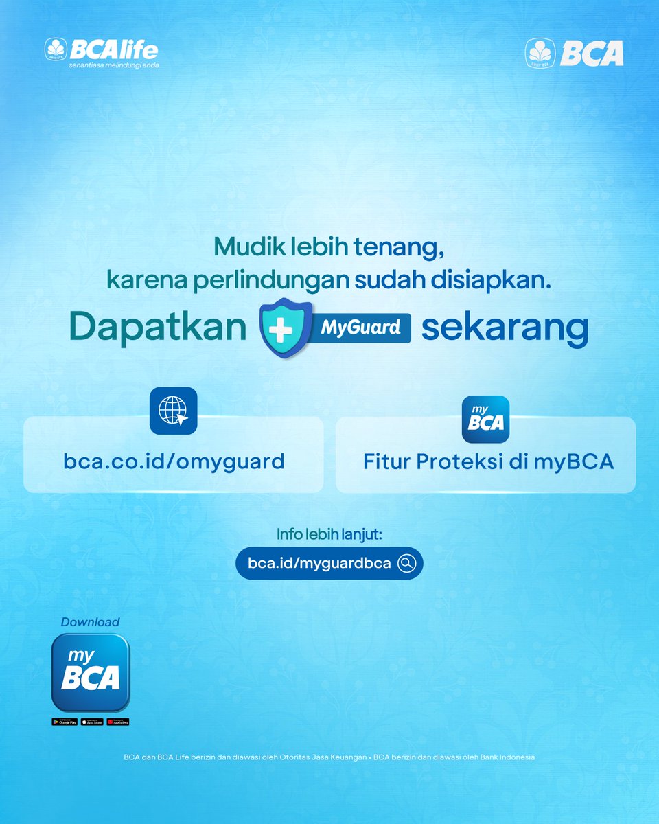 BankBCA's tweet image. Persiapan mudik bukan hanya barang bawaan, tapi juga perlindungan biar perjalanan tenang😊

Cek asuransi MyGuard Accident Care lewat Fitur Proteksi myBCA. Info lengkap kunjungi bca.id/myguardbca  #OMG #MyGuard