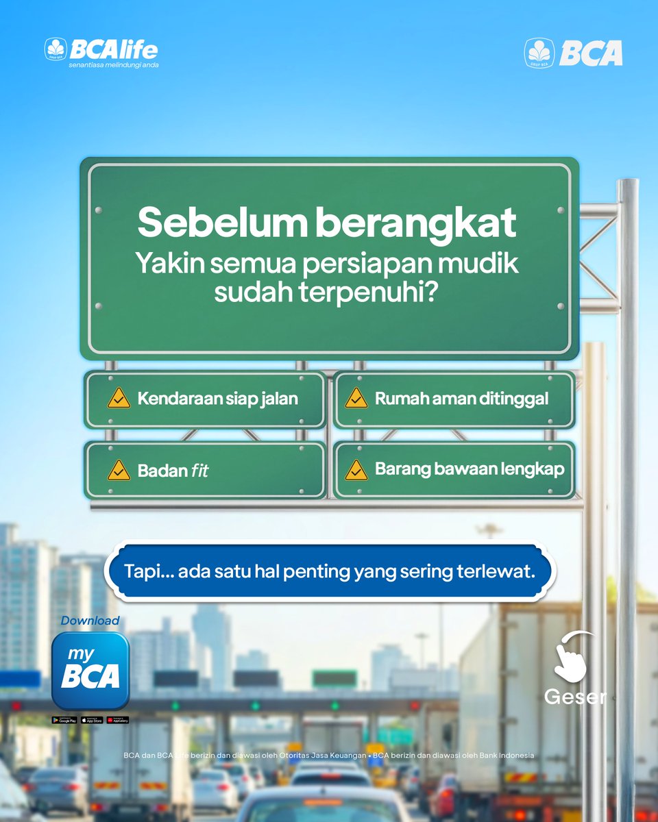 BankBCA's tweet image. Persiapan mudik bukan hanya barang bawaan, tapi juga perlindungan biar perjalanan tenang😊

Cek asuransi MyGuard Accident Care lewat Fitur Proteksi myBCA. Info lengkap kunjungi bca.id/myguardbca  #OMG #MyGuard