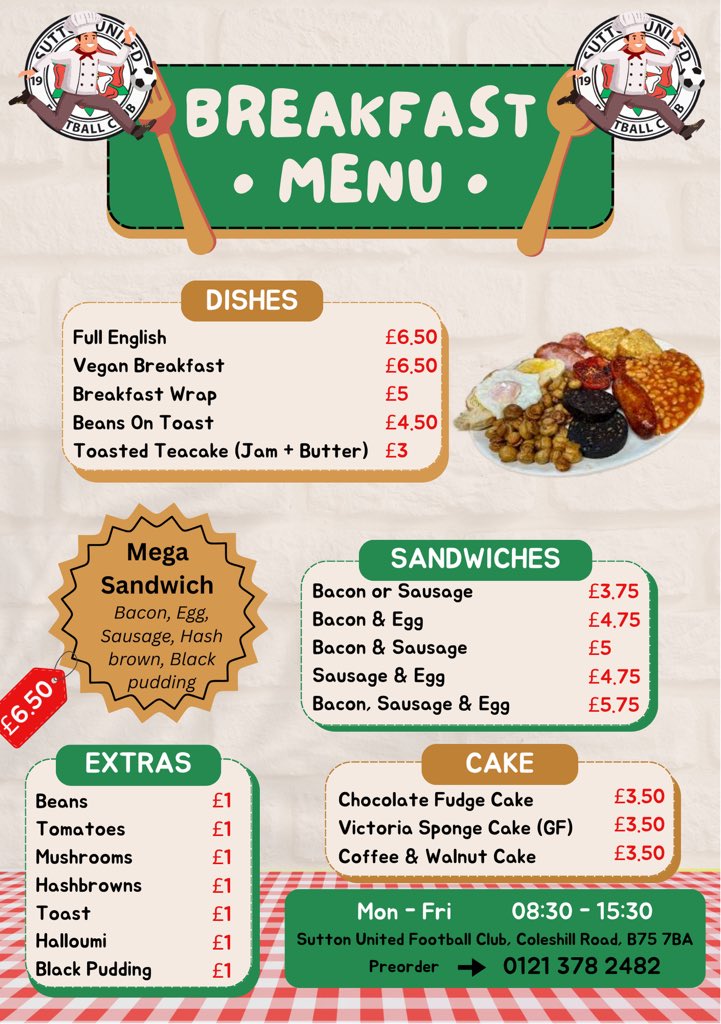 SuttonUtdFC's tweet image. Breakfast available 7 days a week! 🍽️

✨ Weekday-only menu – Monday to Friday!

#BreakfastTime #EatLocal #CafeVibes #FoodLovers #BrunchGoals #MidlandsFood #SuttonColdfield #SupportLocal