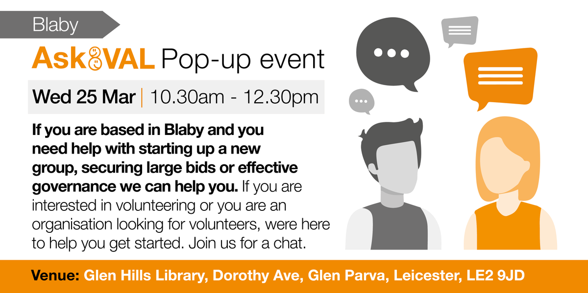 valonline's tweet photo. #askVAL 
Are you interested in getting involved in volunteering and community action in Leicestershire?
➡️Come along and join us for a chat to find out more: 
https://t.co/fZfbmjl4Ca https://t.co/BbPGG8OUmf