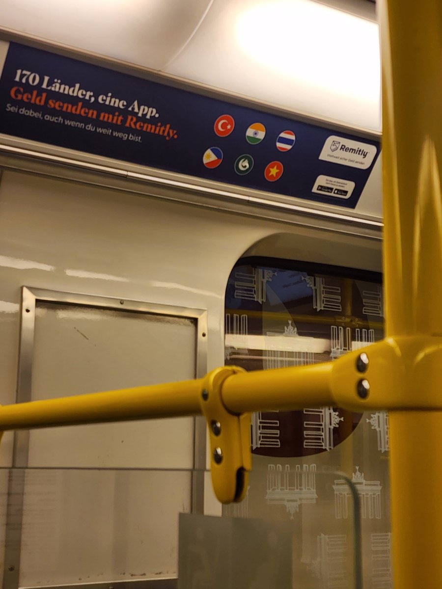 I noticed a Thai flag featured in an ad for a money transfer application on the U-Bahn U9. It was a surprise, as it’s the first time I’ve seen the Thai national flag displayed on a train in Berlin. Anyway, I've just known it. 

17.03.2026
#berlin #เบอร์ลิน #u9