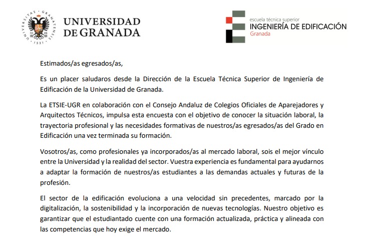 📊 Os compartimos este encuesta para egresad@s del Grado en Edificación promovida por <a href="/ATAndalucia/">Consejo Andaluz de la Arquitectura Técnica</a> y <a href="/etsie_ugr/">ETS Ing. Edificación</a>.  
📝 Anónima, voluntaria y rápida (5 min)
👷‍♀️ Tu experiencia ayuda a mejorar la formación del sector
🔗 docs.google.com/forms/d/e/1FAI…
#COATAlmería #ArquitecturaTécnica
