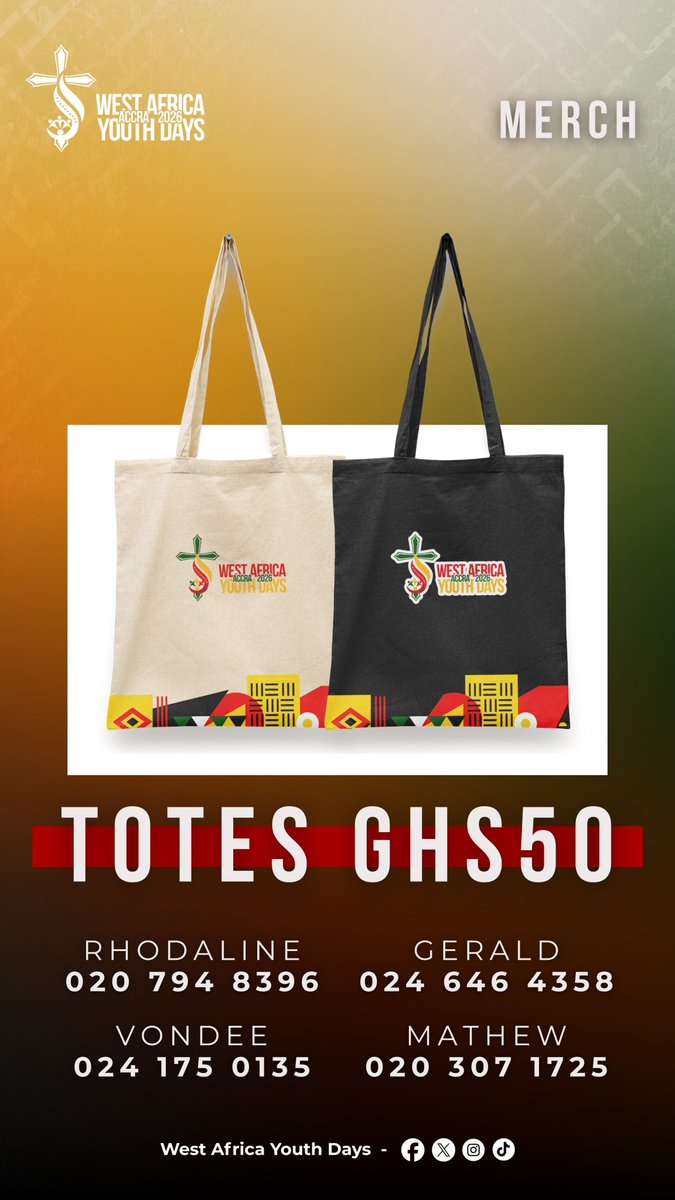 recowayouthdays's tweet photo. Official #WAYD2026 merch is here!
Carry it, wear it and live it! Totes and tees designed with vibrant African patterns to celebrate faith and culture. Contact Rhodaline, Gerald, Vondee or Matthew to order today! #CERAOYouth #TakeCourage https://t.co/lrNgcjdYVc