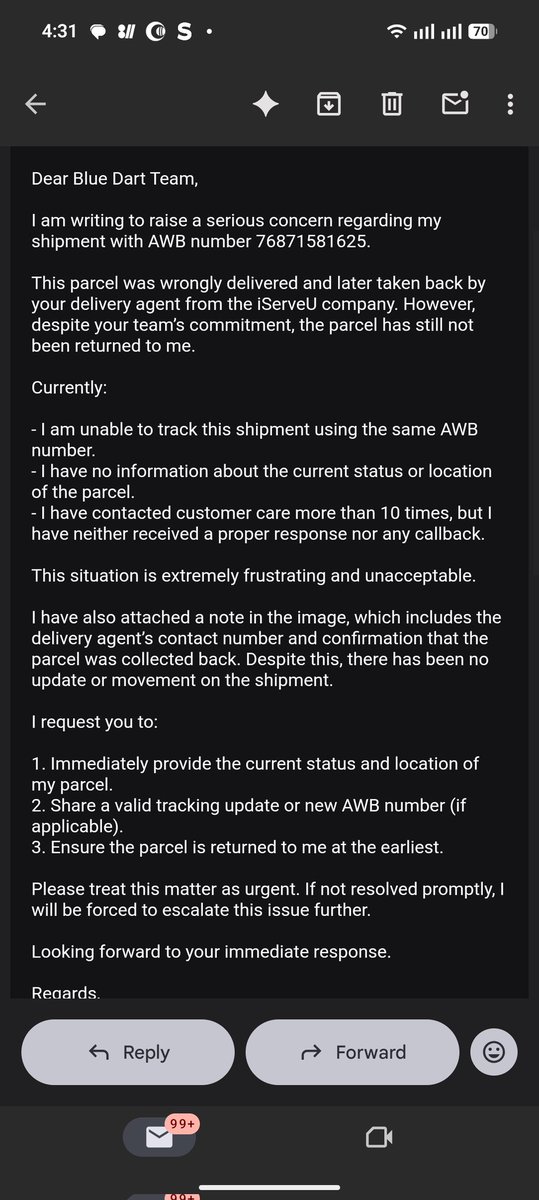 ankitstergerm's tweet photo. @BlueDart_

It's been 10 DAYS and my parcel (AWB: 76871581625) is still not returned. Multiple emails sent (attaching screenshots), no resolution.

I have proof, call recordings &amp; written confirmation. Facing financial loss due to your negligence.

@NCH1915 please take action. https://t.co/wzkFXK4smb