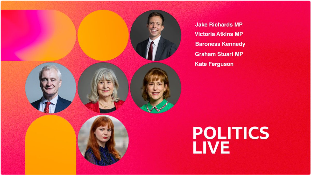 BBCPolitics's tweet image. On Wednesday's #PoliticsLive

Jake Richards, Justice Minister 
Victoria Atkins, Shadow Environment Secretary 
Baroness Kennedy, Labour Peer
Graham Stuart MP, Conservative
Kate Ferguson, The Sun

11:15pm BBC Two bbc.in/4br2HEA