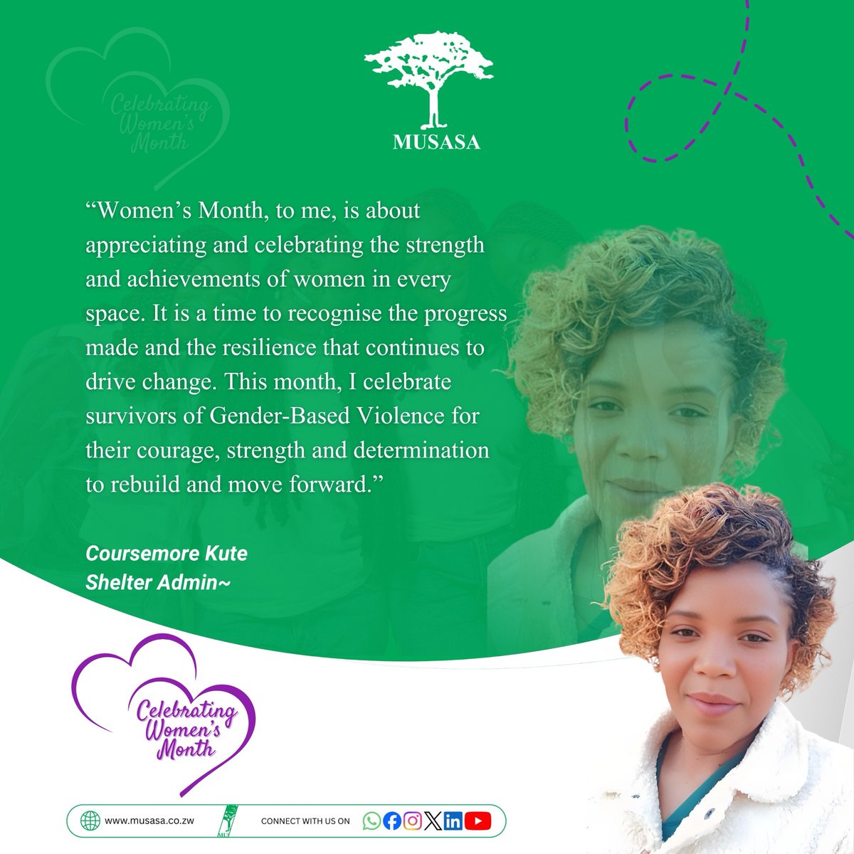 MUSASAZIM's tweet photo. Coursemore reflects on the strength and achievements of women and celebrates survivors of GBV for their courage and resilience. Let’s continue to stand with survivors and support their journey to healing and justice.
#WomensMonth #SheMatters https://t.co/lb5qwGY6ra