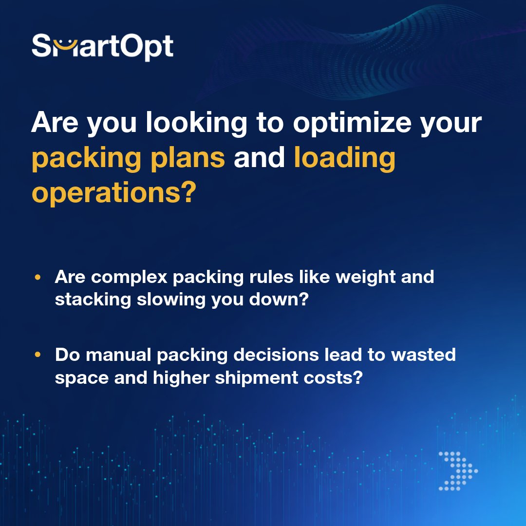 SmartOpt_'s tweet photo. Packing complexity shouldn’t limit your logistics performance.

When product constraints, stacking rules, and space utilization challenges come together, traditional packing approaches fall short.

PackOpt, developed by SmartOpt, is designed to turn packing complexity into a competitive advantage.

With advanced 3D packing optimization, PackOpt enables teams to:
• Build constraint-aware packing plans across pallets, trucks, and containers
• Increase space utilization while maintaining weight balance and stability
• Reduce shipment volumes by optimizing packing density
• Prevent damage with rule-based stacking and fragility handling
• Simulate and visualize packing scenarios before execution

PackOpt redefines packing as a strategic planning capability—bringing precision, visibility, and efficiency into every shipment.

#SmartOpt #ArtificialIntelligence #Logistics #SupplyChain #Optimization #3DBinPacking #SmartLogistics #SupplyChainOptimization #DigitalTransformation #AIinLogistics