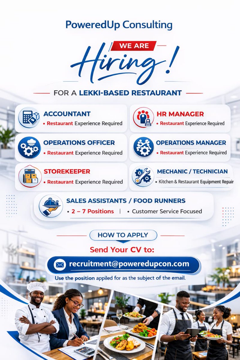 PoweredupCon's tweet photo. Hiring in Lekki! 📍🍽️
Roles:
🔹 HR &amp; Ops Managers
🔹 Accountant
🔹 Storekeeper
🔹 Kitchen Mechanic
🔹 Sales/Food Runners (2-7 spots!)
📧 Apply: recruitment@poweredupcon.com
⚠️ Subject: [Position Applied For]
#LekkiJobs #LagosJobs #Hiring https://t.co/P5nm7x7rSW