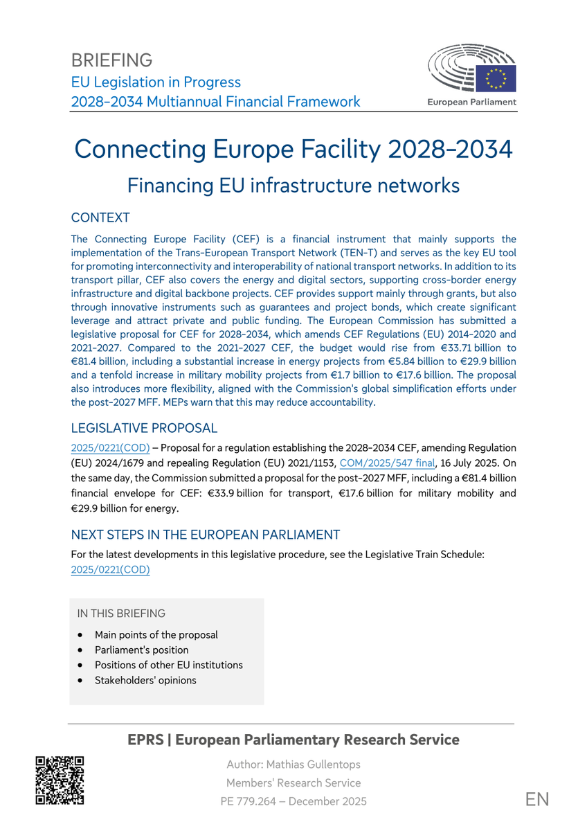 EP_EPRS's tweet image. 🛤️ The Connecting Europe Facility (CEF) is the key EU tool for promoting #interconnectivity &amp;amp; #interoperability of national #transport networks.

Parliament supports the CEF as a highly successful funding mechanism.

Read 👉 link.europa.eu/MqKGT3

@EP_Transport @vozemberg