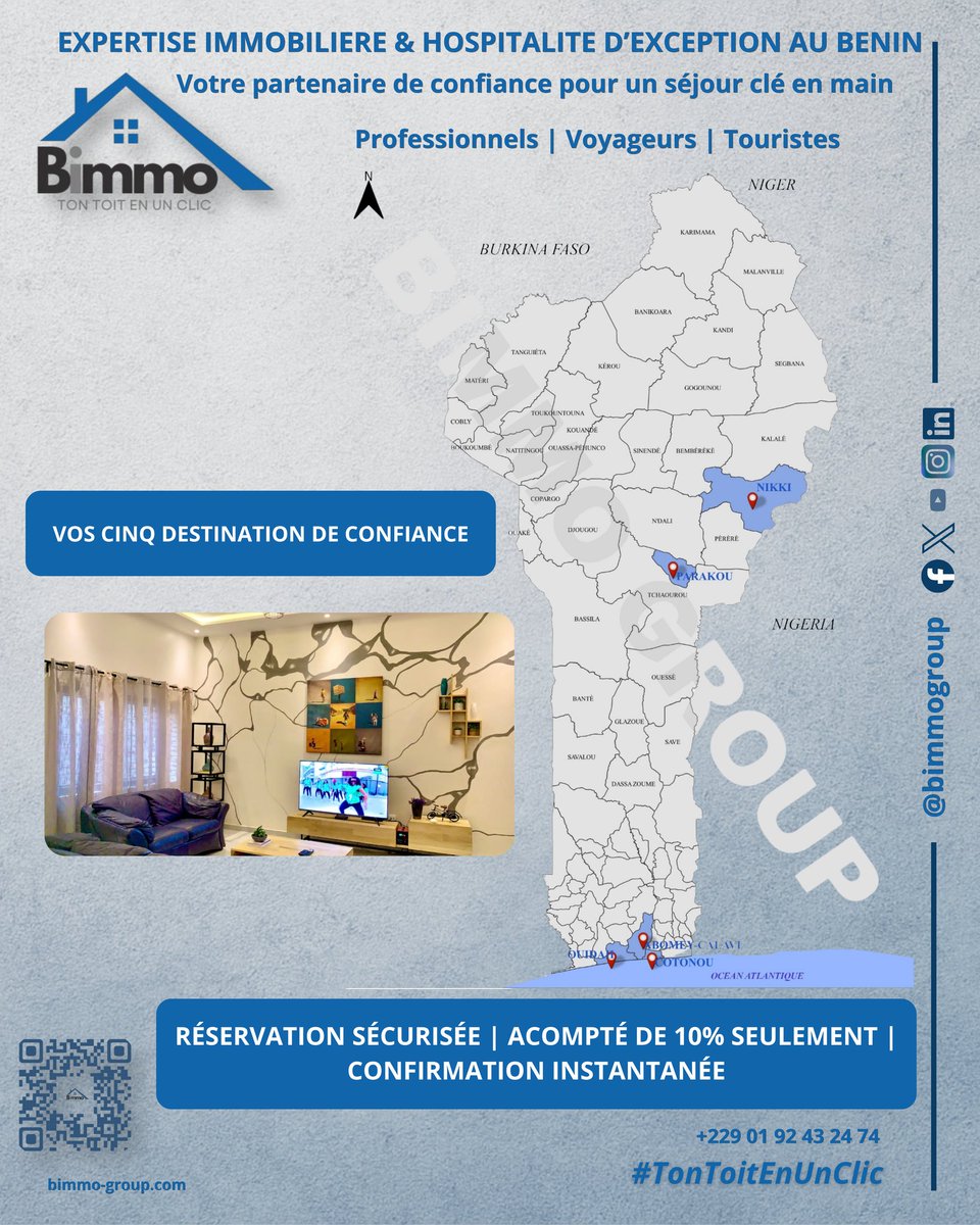 BimmoGroup's tweet photo. 𝐯𝐨𝐭𝐫𝐞 𝐥𝐨𝐠𝐞𝐦𝐞𝐧𝐭 𝐚𝐮 𝐁𝐞́𝐧𝐢𝐧 𝐞𝐧 𝐪𝐮𝐞𝐥𝐪𝐮𝐞𝐬 𝐜𝐥𝐢𝐜𝐬 !

Comment réserver ?
Rendez-vous sur notre plateforme : https://t.co/jGzjjPP8Uq

#Bénin #Cotonou #Voyage #TourismeBénin #BimmoGroup #Parakou #Ouidah #VisitBenin #LogementBénin #AbomeyCalavi #Nikki https://t.co/KOY63xI7wc