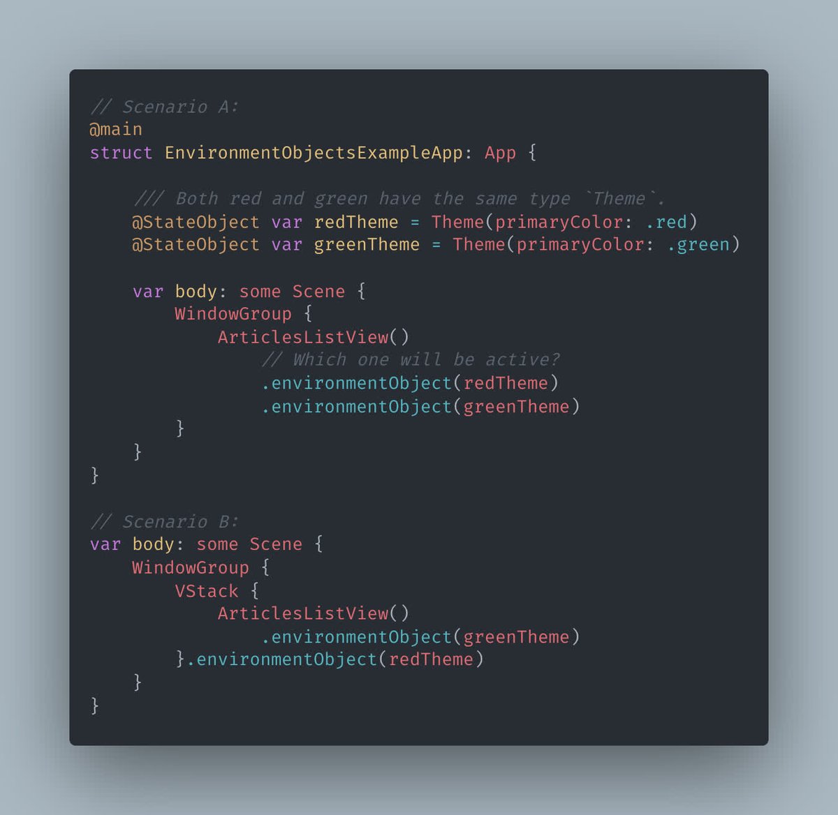 twannl's tweet image. When using multiple environment objects in SwiftUI, you have to be careful regarding priority. Do you know which theme will be active in the following scenarios?
avanderlee.com/swiftui/enviro…    

#swiftlang #iosdev