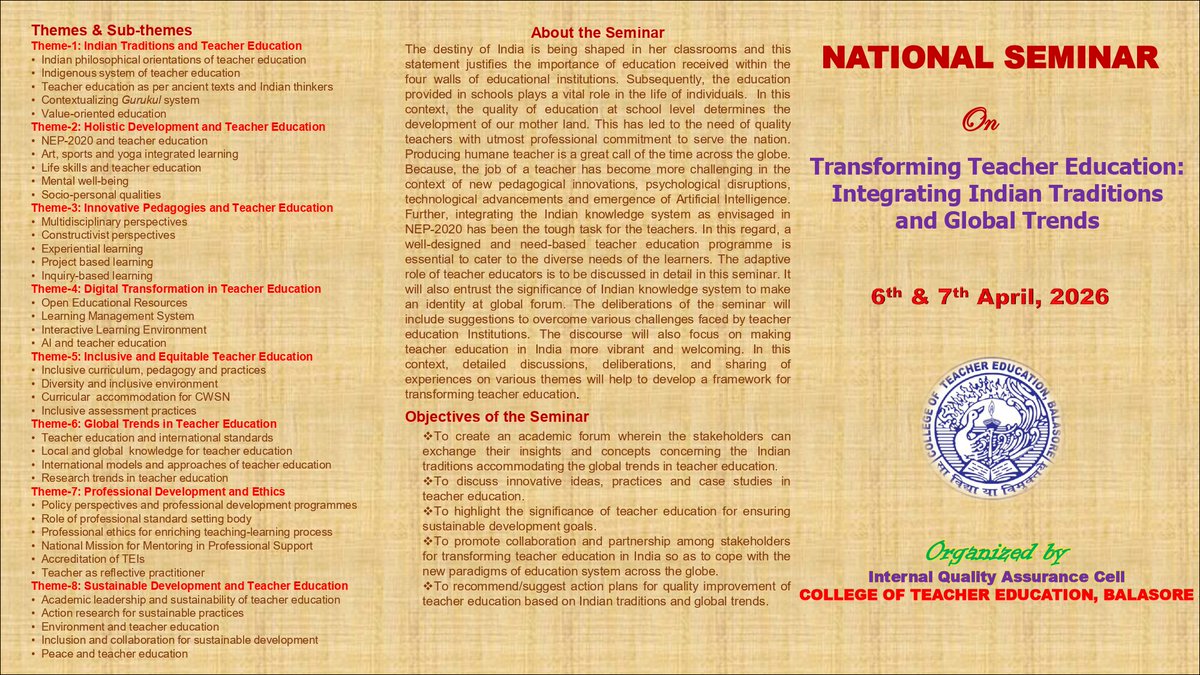 CTEBalasore's tweet photo. The College of Teacher Education,(CTE),Balasore, is going to organize a National Seminar.  
📷 Date: 6th April to 7th April, 2026. 
The detailed information was provided below in the link.  https://t.co/ZUJ58cCutj…
...
@DHE_Odisha
@ncte_official
@OdishaOshec https://t.co/V1mP2IlWeq